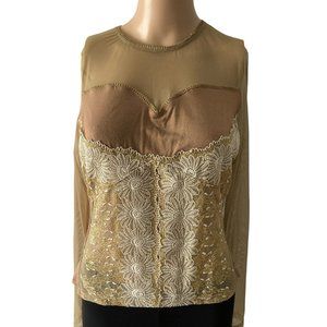 Adam Pour Eve Gold Sheer Floral Detail Size Medium Top